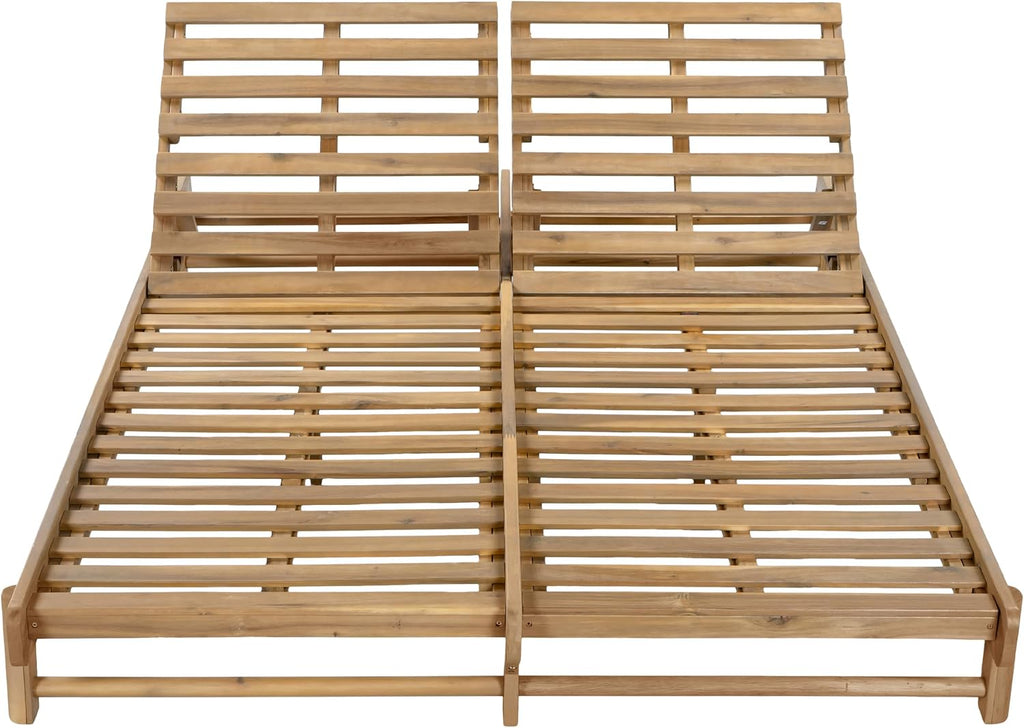 Double Outdoor Chaise Lounge Frame with 3-Position Adjustable Backrest, 2 Piece Acacia Wood Recliner Chair