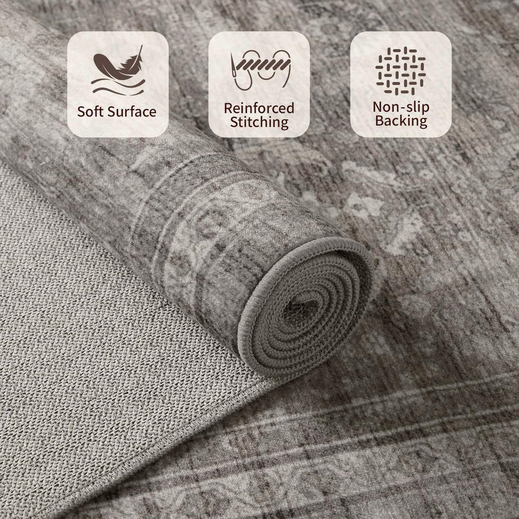 Area Rugs for Living Room Bedroom, Grey Washable Rug, Vintage Retro Boho Rug, Non Slip & Low Pile Faux Wool Thin