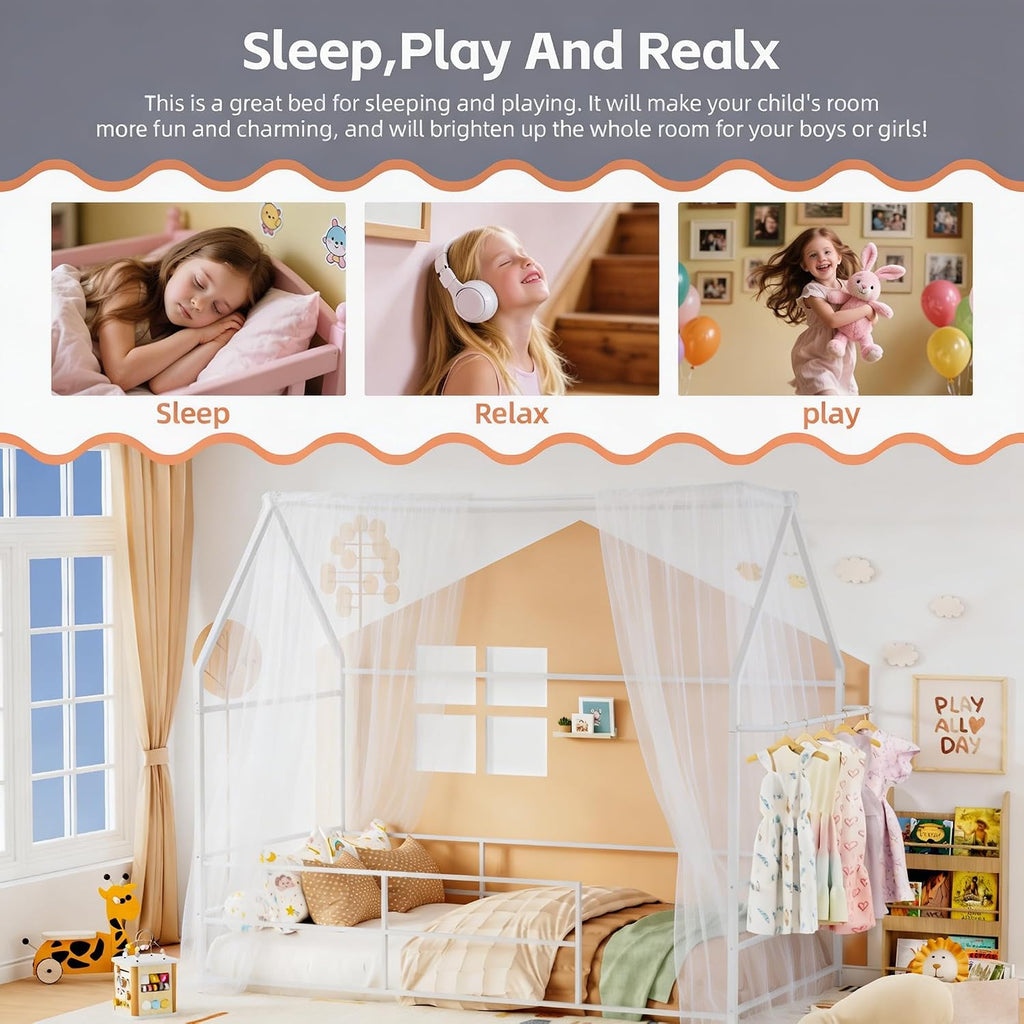 Twin Floor Bed Frame for Kids, Metal Low House Bed Montessori Bed with Guardrails & Built-in Clothing Rack, No Box