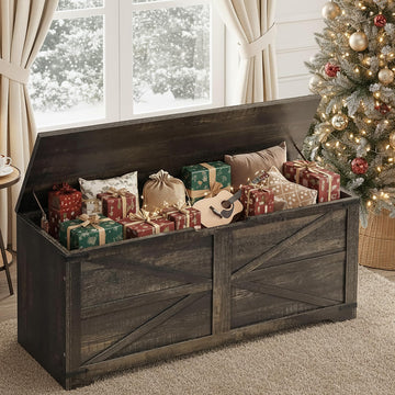 47.2" Farmhouse Storage Bench with Safety Hinges, Dark Rustic Oak