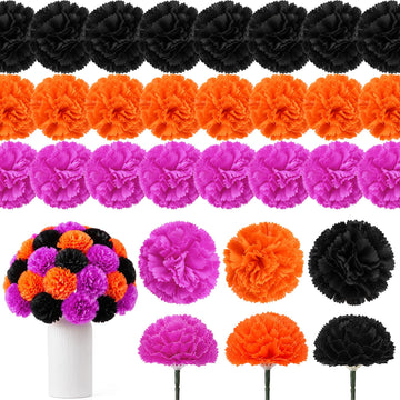 60 Pcs Halloween Artificial Marigold Flowers, Black Orange Purple