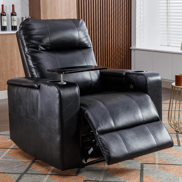 ANJ Power Recliner Chair with USB Ports, Faux Leather Home Theater Seating with Swivel Tray Table