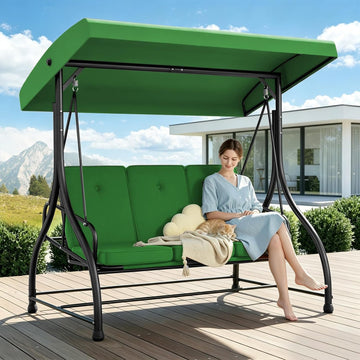 3-Seat Porch Swing with Adjustable Canopy w/Stand, Patio Glider Swings with Removable Cushions, 3 Person Large