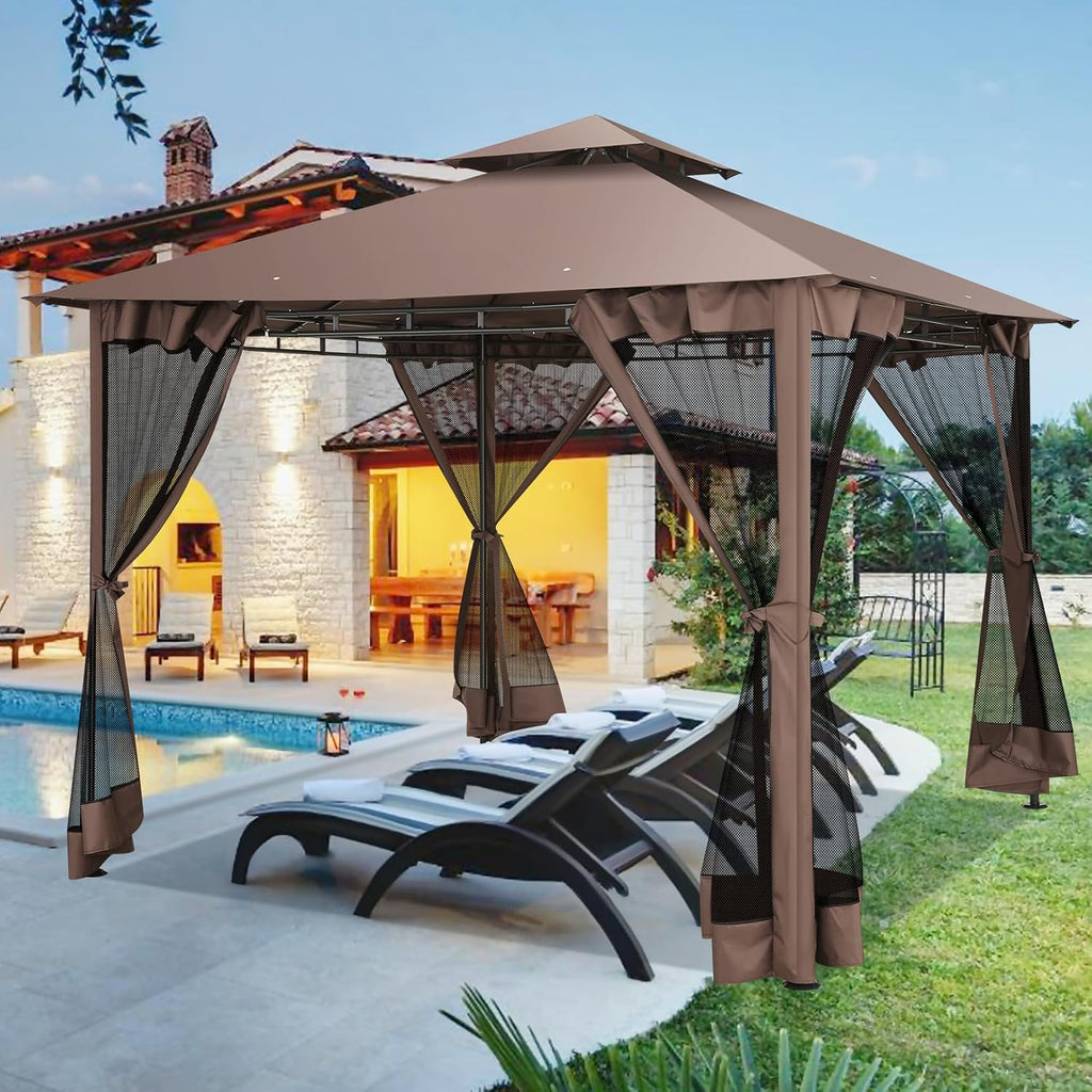 Outdoor Gazebo 10x10 Gazebos on Clearance with Netting, Waterproof Canopy Tent with Heavy Duty Party Tent Steel Frame