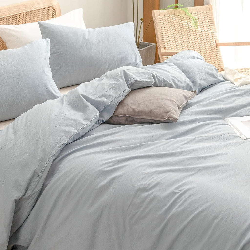 Cotton Solid Duvet Cover Set Linen Feel Cornflower Blue Queen - Set of 3