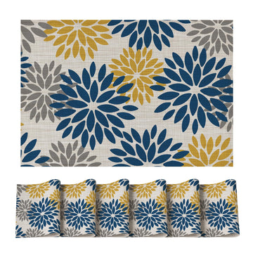 Floral Vinyl Placemats Set of 6, Heat Resistant Washable Non-Slip Plistic PVC Place Mats for Party Kitchen Dining