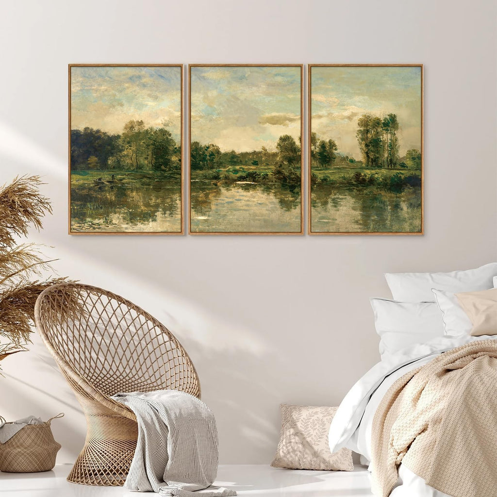 Vintage Landscape Framed Canvas Wall Art Set of 3, French Country Art Prints, Nature Green Trees and Lake Art