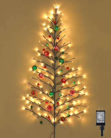 5 FT 144 LED Lighted Wall Christmas Tree with Decorative Balls, 8 Light Modes Plug in Half Christmas Tree, Hanging