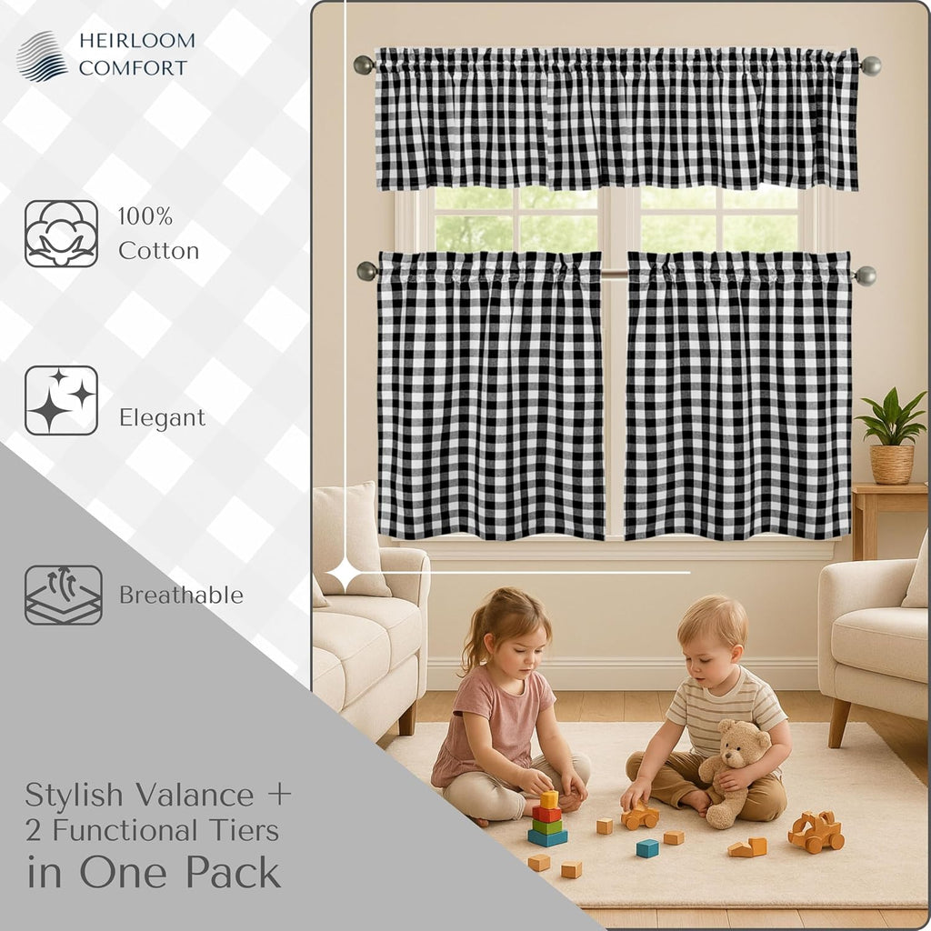 Black & White 3 Piece Gingham Tier and Valance Set - Semi Sheer Window Curtain 2 Tiers 26"x36" & 54"x18" Valance, Rod