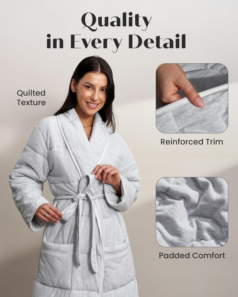 Quilted Luxury Robe For Women - Padded Hotel Spa Duvet Bathrobe - Jersey Cotton Long Length Weighted Bath Robe