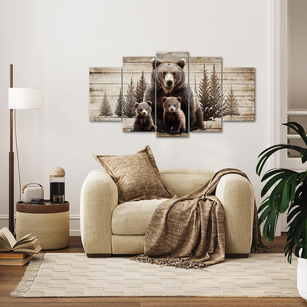 Large 5 Piece Vintage Grizzly Bear Canvas Wall Art Brown Bear Family Forest Painting Farmhouse Cabin Decor Gallery