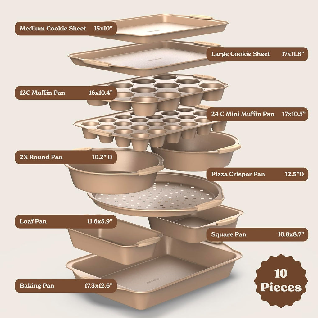 Nonstick Stackable Bakeware Set - Heavy Duty, Durable, Easy Release Set, Gold, 10 Pcs