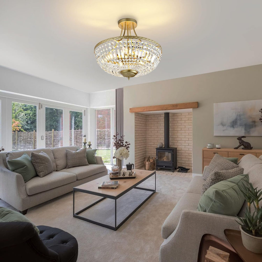19.5 Inch Crystal Ceiling Light Fixture, 5-Light Raindrop Semi Flush Mount Chandelier, Modern Round Close to Ceiling