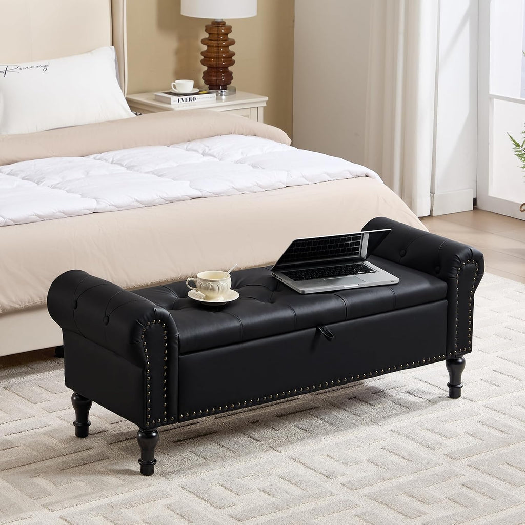 Storage Bench , 51" Upholstered End of Bed Bench, Faux Leather Queen Size Benches with Rolled Arms, Tufted Button