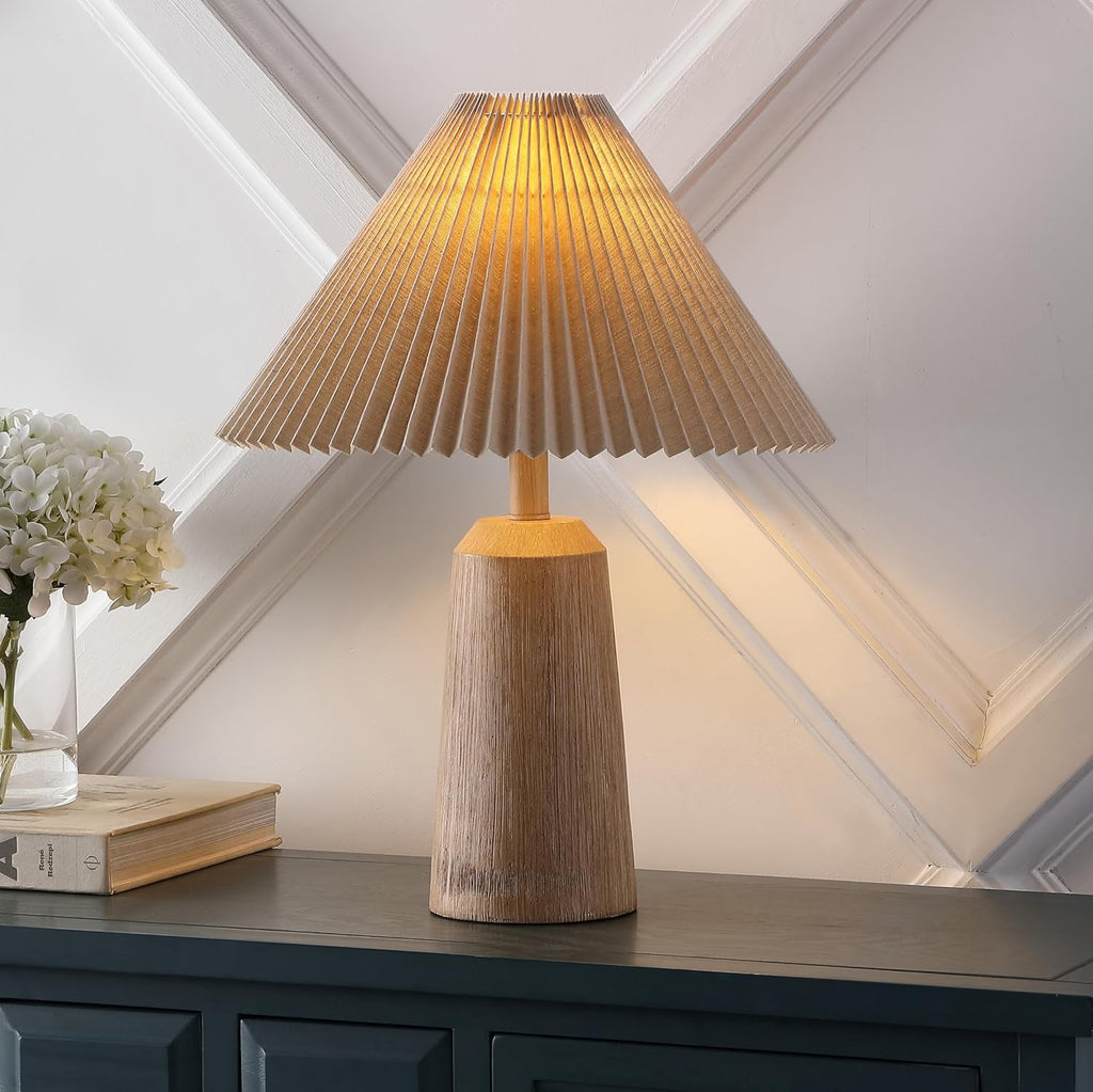 20.5" Beige Wood Finish Resin Cylinder Table Lamp Modern Rustic Scandinavian Bedside Lamp Bedroom with Black Pleated