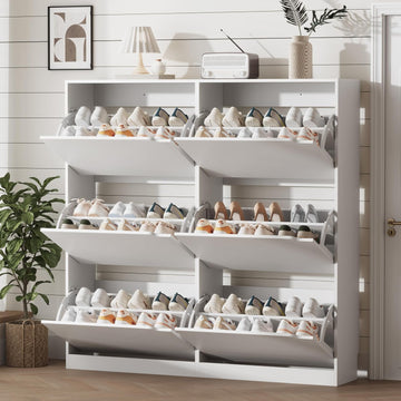 Shoe Storage Cabinet with 6 Flip Drawers, Sturdy Wood Hidden Shoe Storage, Freestanding Narrow Slim Shoe Organizer