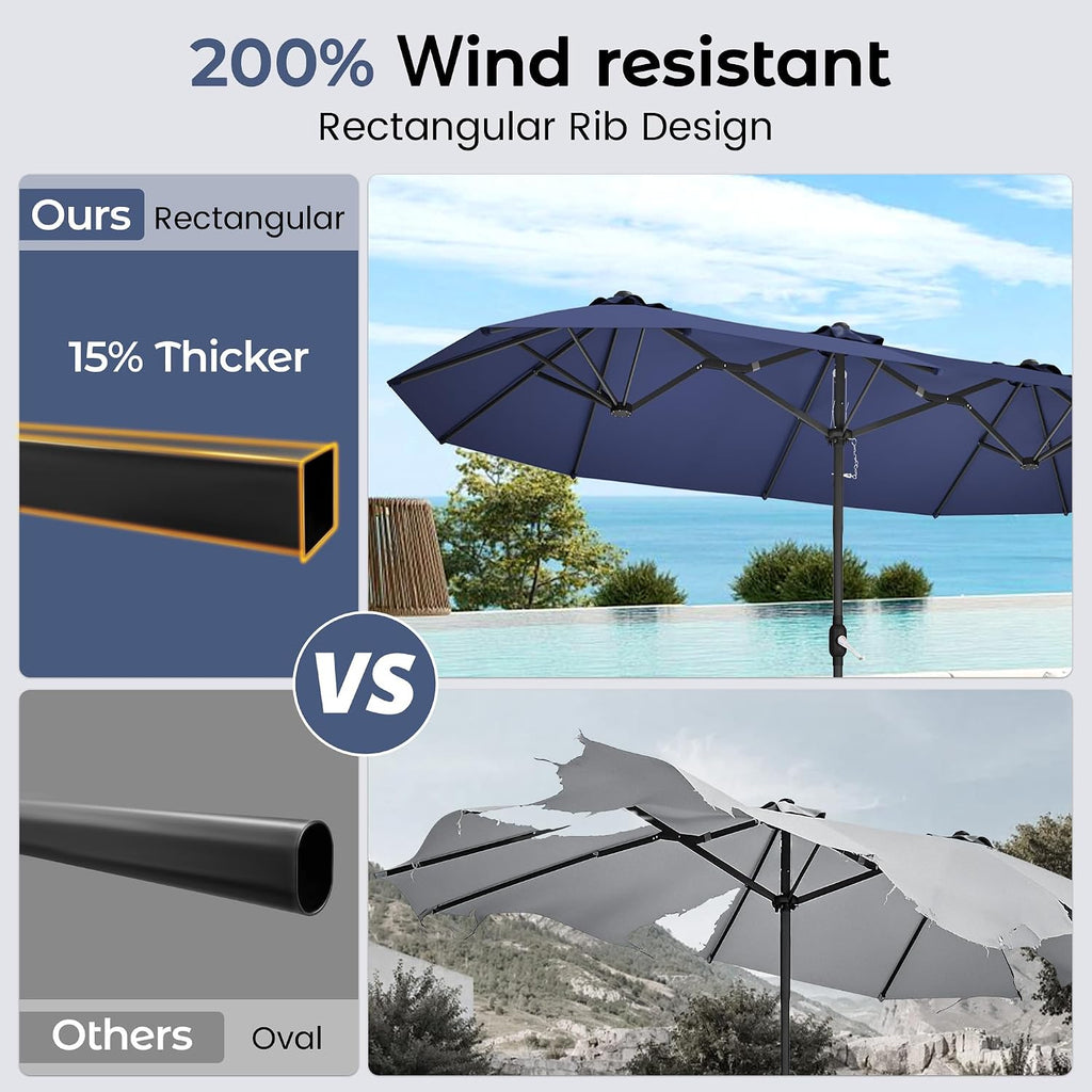 15ft Patio Umbrella with Base,Large Outdoor Double-Sided Rectangle Umbrella with Crank Handle, Market Umbrella Pools