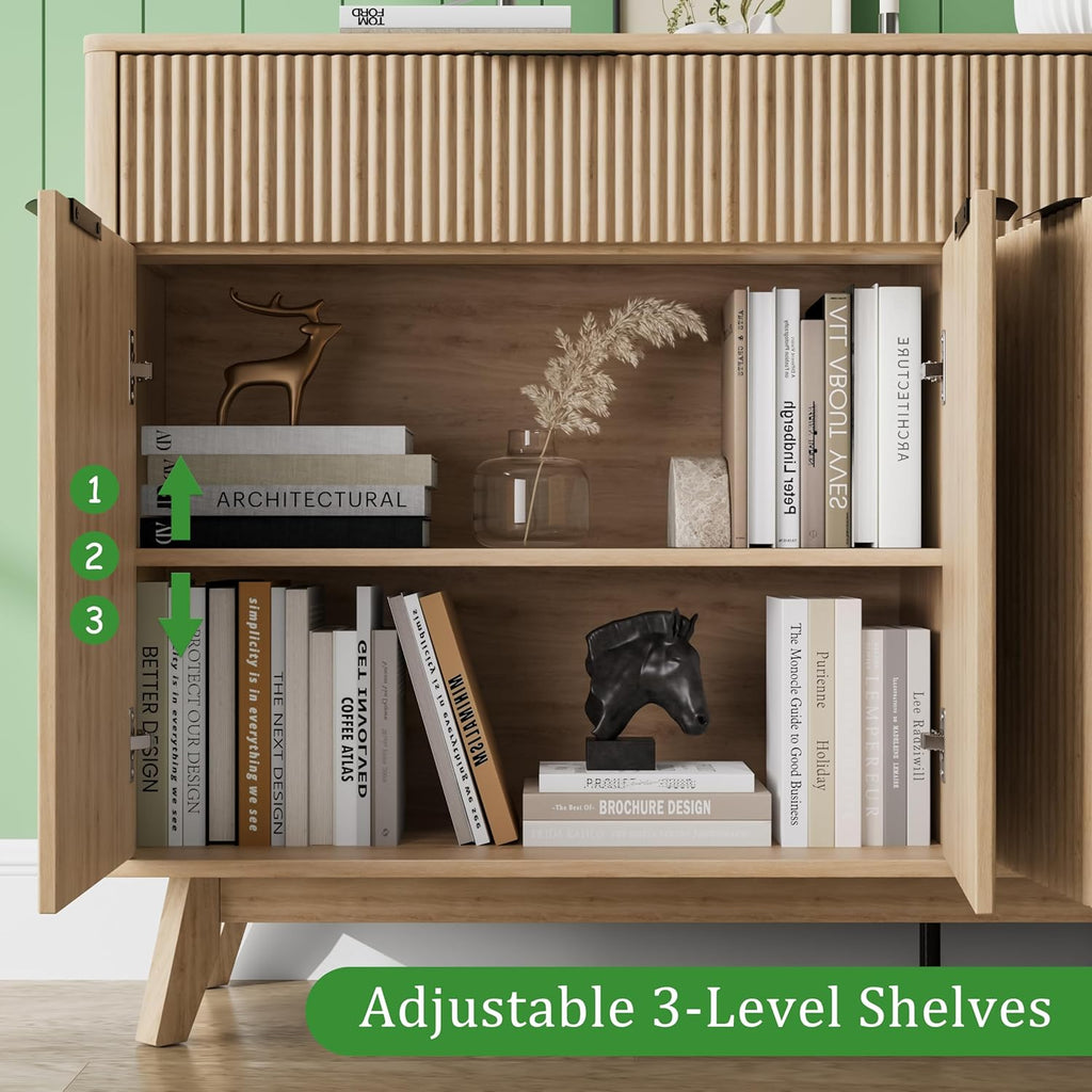 Buffet Sideboard, 60'' Sideboard Cabinet with 2 Drawers and 4 Wave Doors, Sideboard with Adjustable Shelves, Light Oak