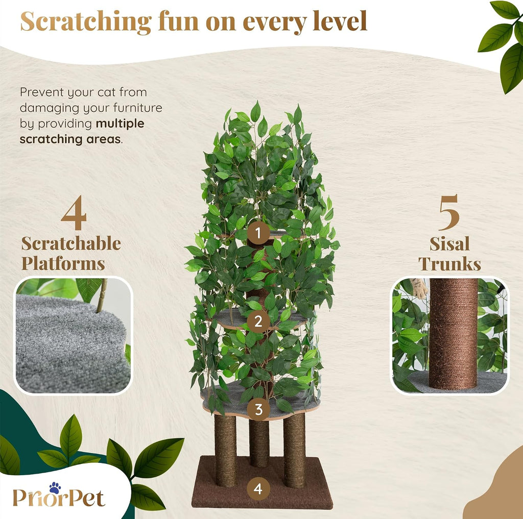 Cat Tree with Leaves - Stable & Space-Saving Design - 4 Scratch Levels & 5 Scratching Posts