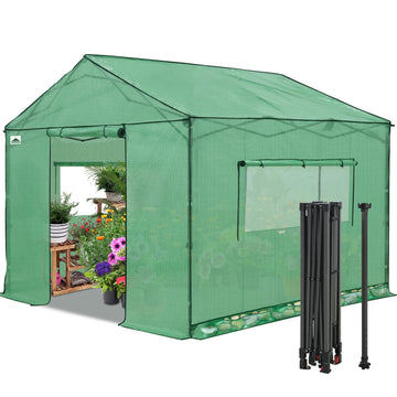 10x10 Pop Up Walk in Greenhouse, Support Pole, Gable Roof, Green