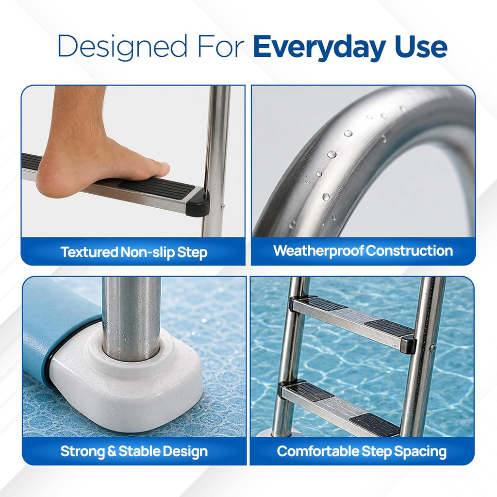 4-Step Pool Ladder - Non-Slip, 250 lb - 76 in - Stainless Steel | Above Ground Deck Mount, Weather Resistant Finish