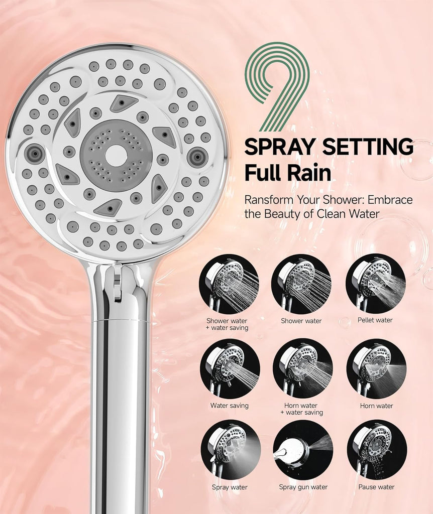 Filtered Shower Head with Handheld, 9-Spray Setting Detachable Showerhead with Filters, Shower Head for Hard Water