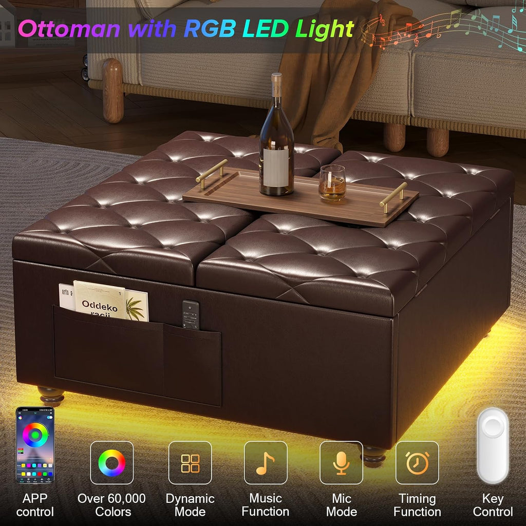 31.5 Inch Large Leather Ottoman with Storage and LED Lights, PU Brown | Lift Top Tufted Upholstered Ottoman Coffee