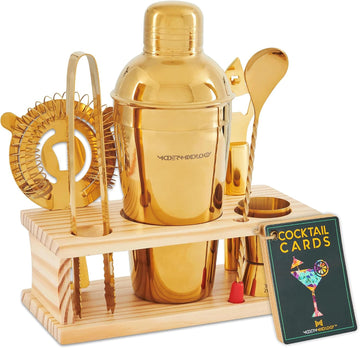Cocktail Shaker Set - Bartender Kit with Pine Stand | Leak-Proof Design | Includes Martini Shaker, Jigger, Strainer - Set of 8