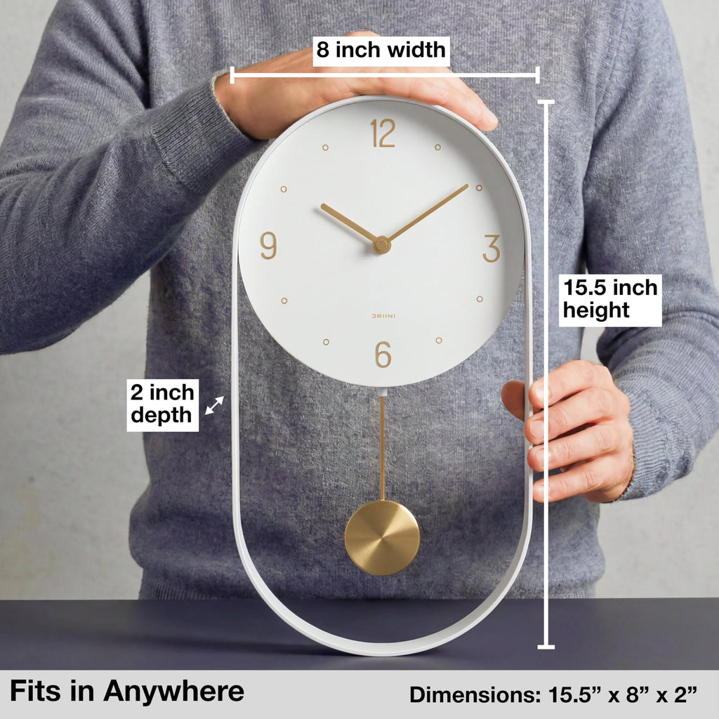 Modern Pendulum Wall Clock - Small Vertical Design in White and Gold