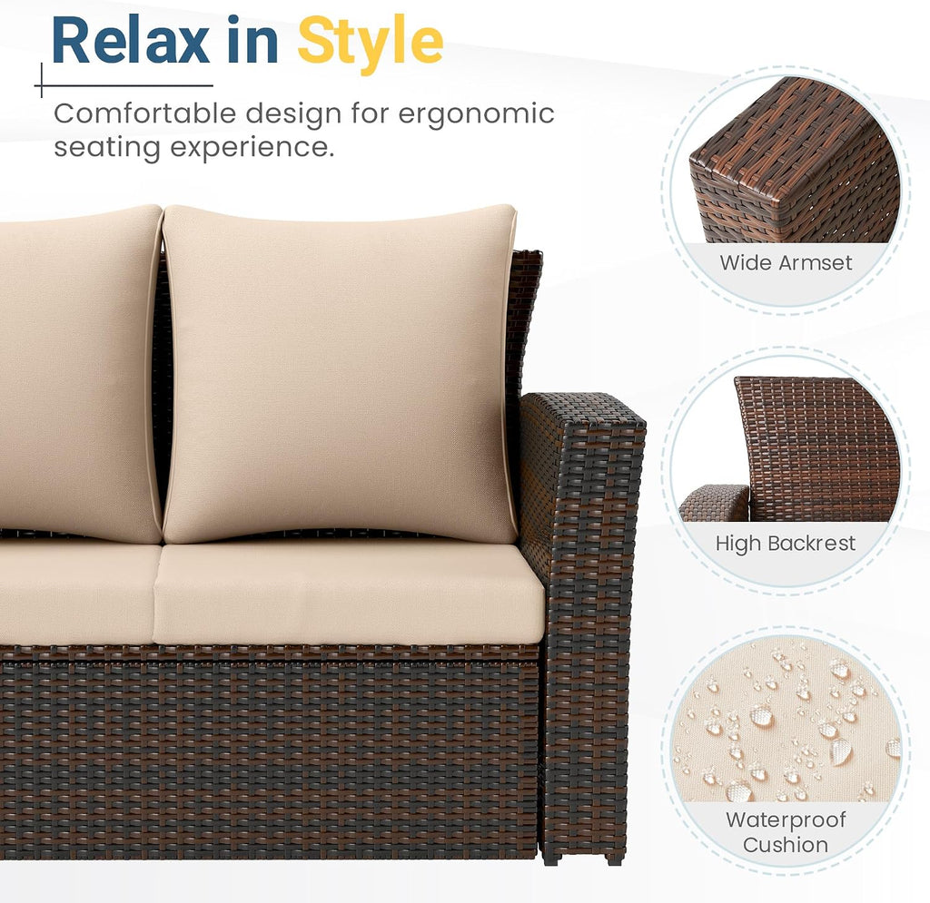All Weather Wicker Patio Couch, 3 Seats Patio Sofa with Thick Cushions, Outdoor Furniture Couch with High Back