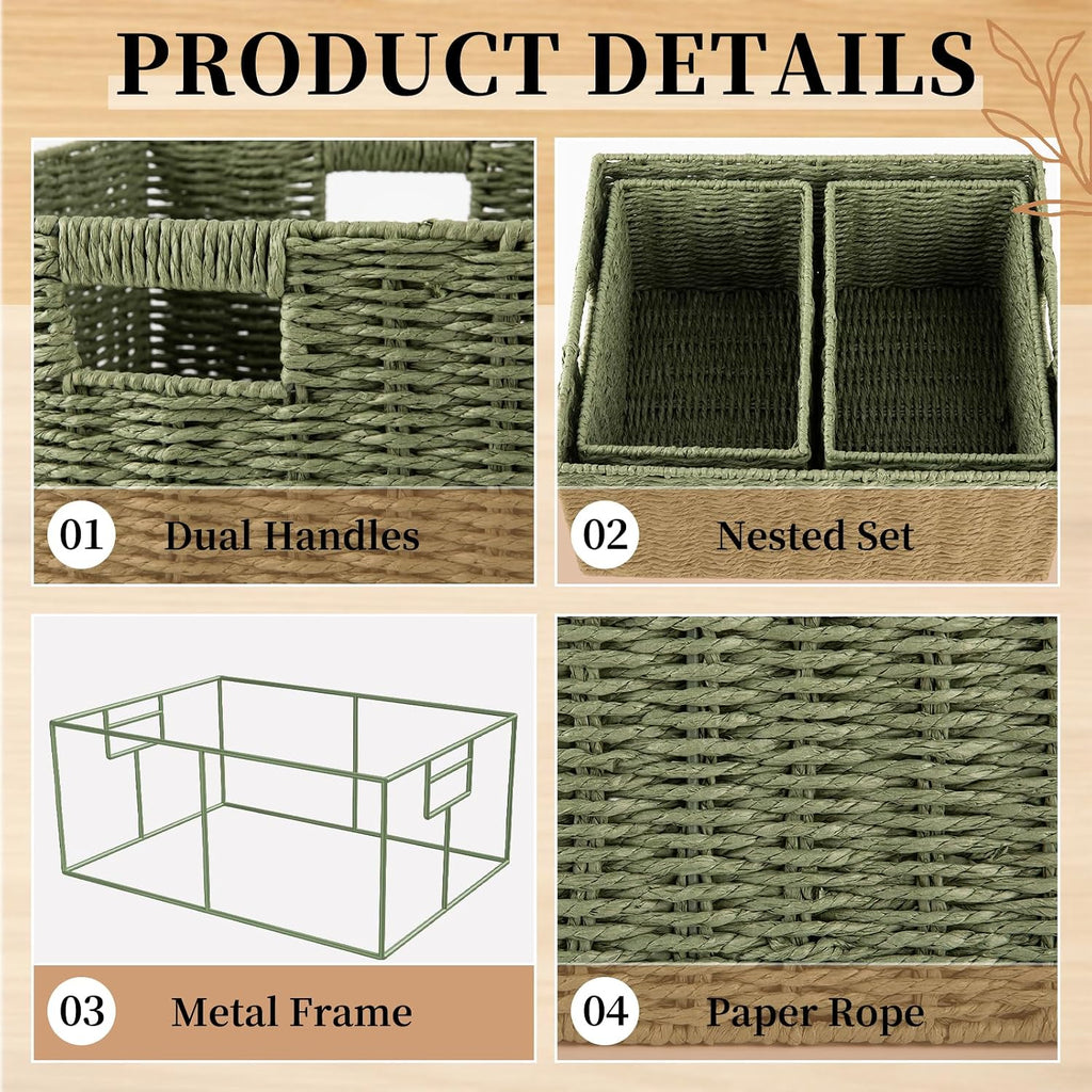 Wicker Baskets for Organizing, Large and Small Shelf Baskets Set, Handwoven Bins for Storage,Paper Rope Home