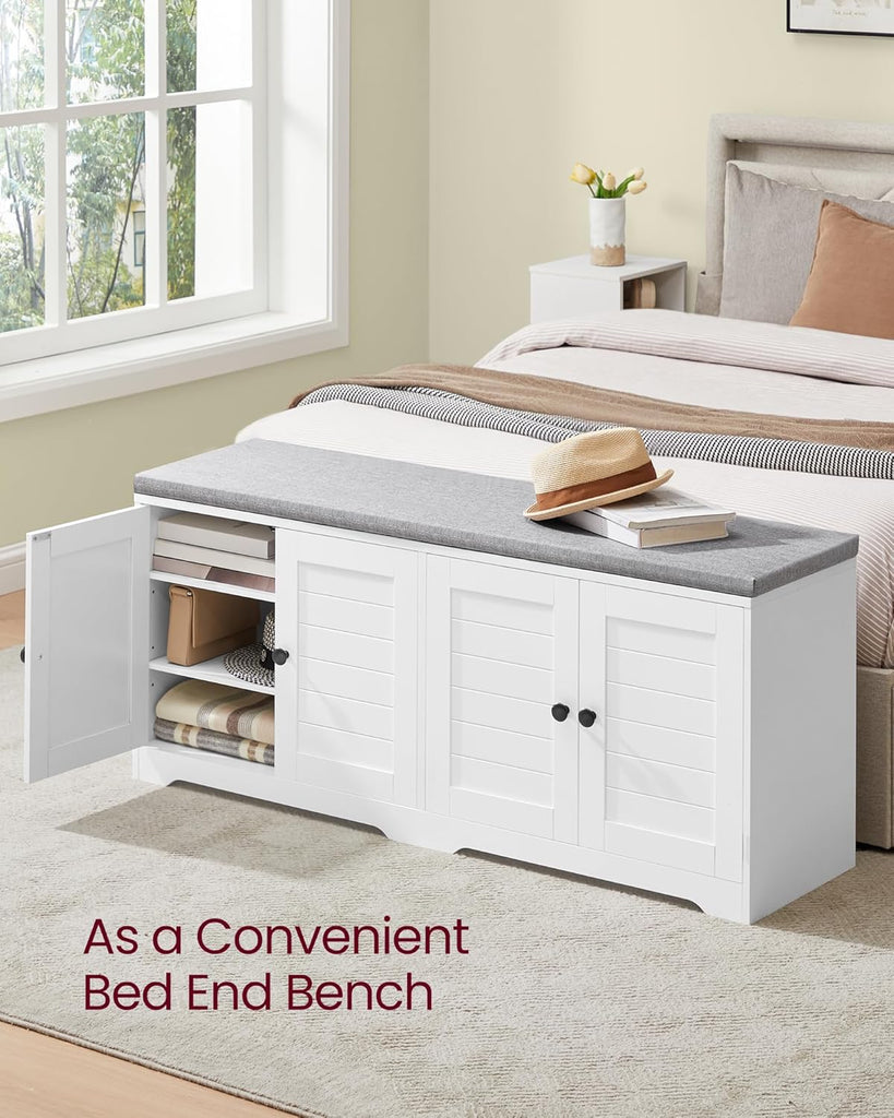Shoe Storage Bench with Cushion, 3-Tier Entryway Bench with Padded Seat, Doors, Adjustable Shelves, 14 x 47.6 x 20.7