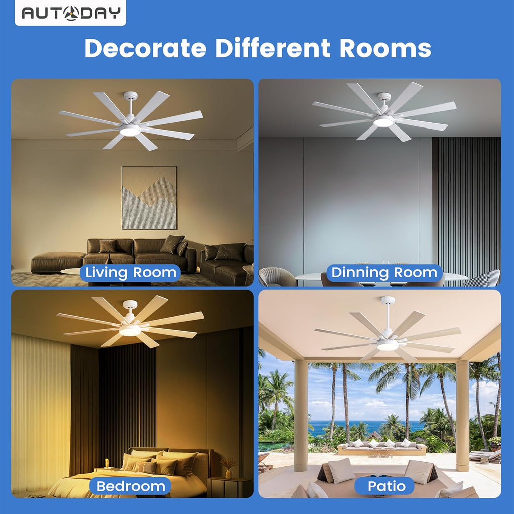 62" Ceiling Fan with LED Light and Remote - White / Light Natural Wood