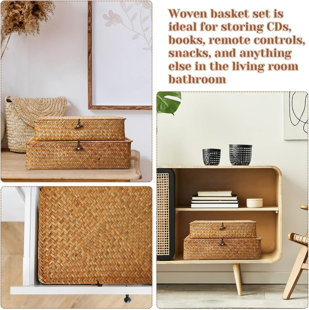 Set of 4 Seagrass Basket with Lid Wicker Storage Basket Decorative Storage Boxes with Lids Flat Storage Bins Woven