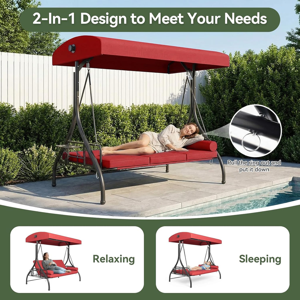 Outdoor Porch Swing with Stand and Canopy, 3 Seats Outdoor Swings for Adults, Convertible 2 in 1 Swing Bed with Cup