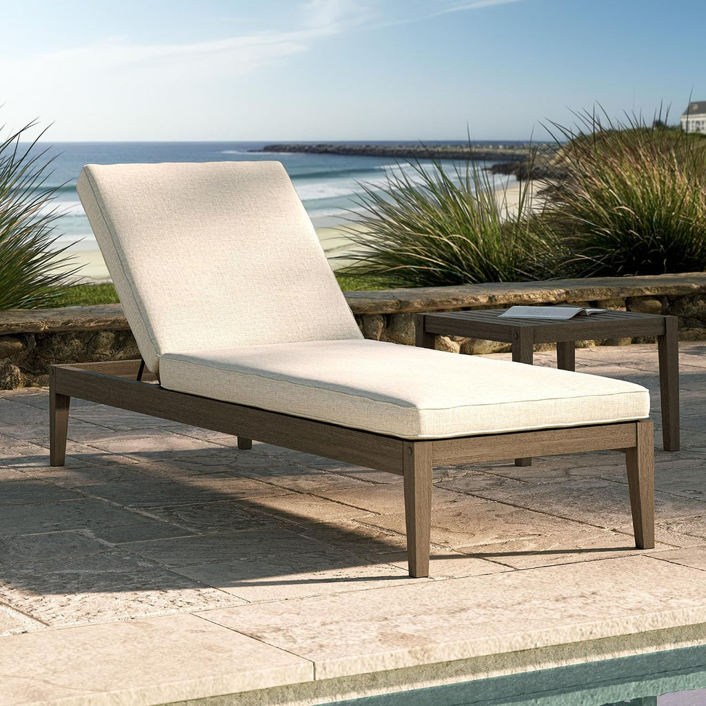 Teak Outdoor Chaise Lounge Chair in Weathered Gray Pebble - Adjustable Wood Poolside Recliner