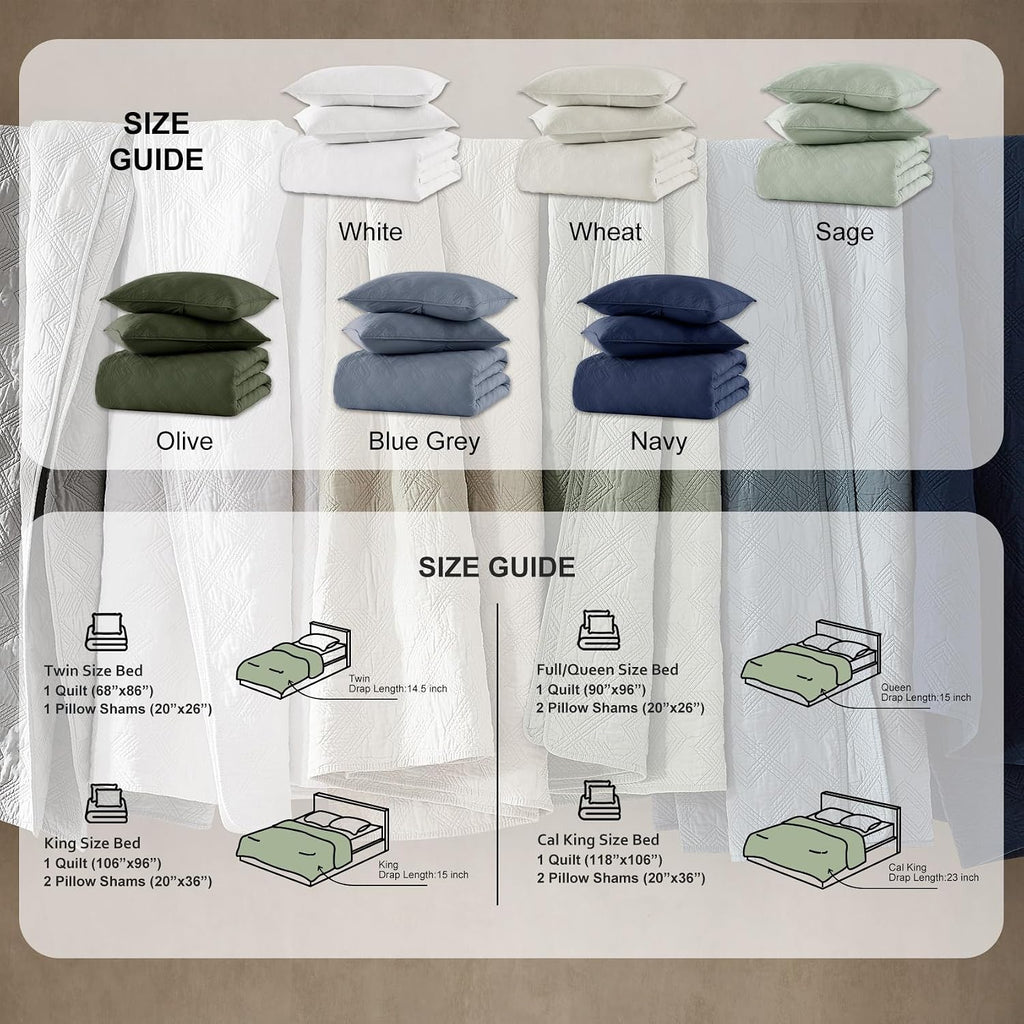 100% Cotton Quilt Set - Sage Green Pre-Washed Soft Lightweight Modern Bedspread, Farmhouse Country Rustic