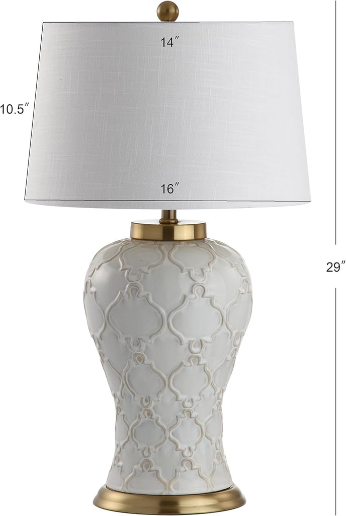 29" Cream Textured Ceramic Table Lamp, Transitional Quatrefoil Trellis Design with White Linen Drum Shade and Brass