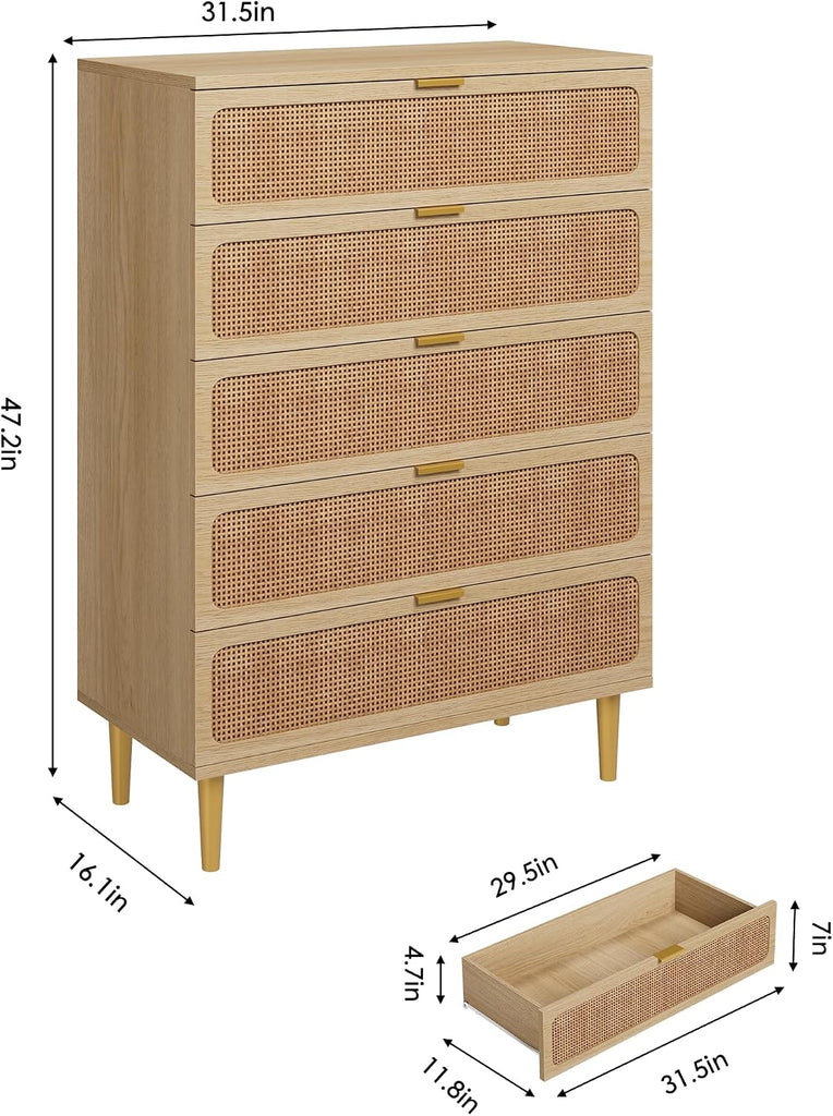Rattan 5 Drawer Dressers , Tall Dresser with Deep Drawers, Large Chest of Drawers for Closet with Wide Top, Long
