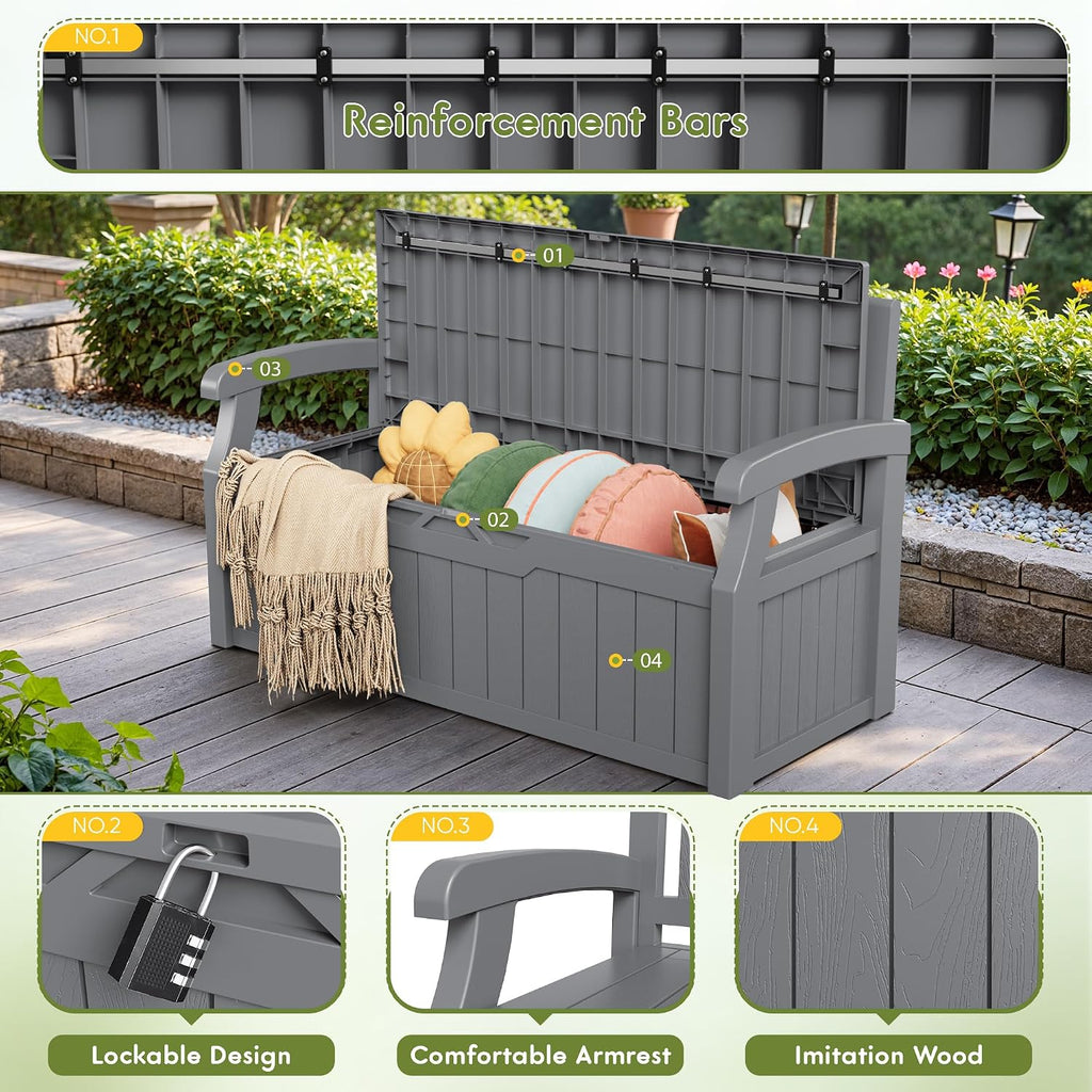 80 Gallon Storage Bench Outdoor Deck Box with Armrest, Grey | Patio Furniture,Lockable, Waterproof and UV Resistant