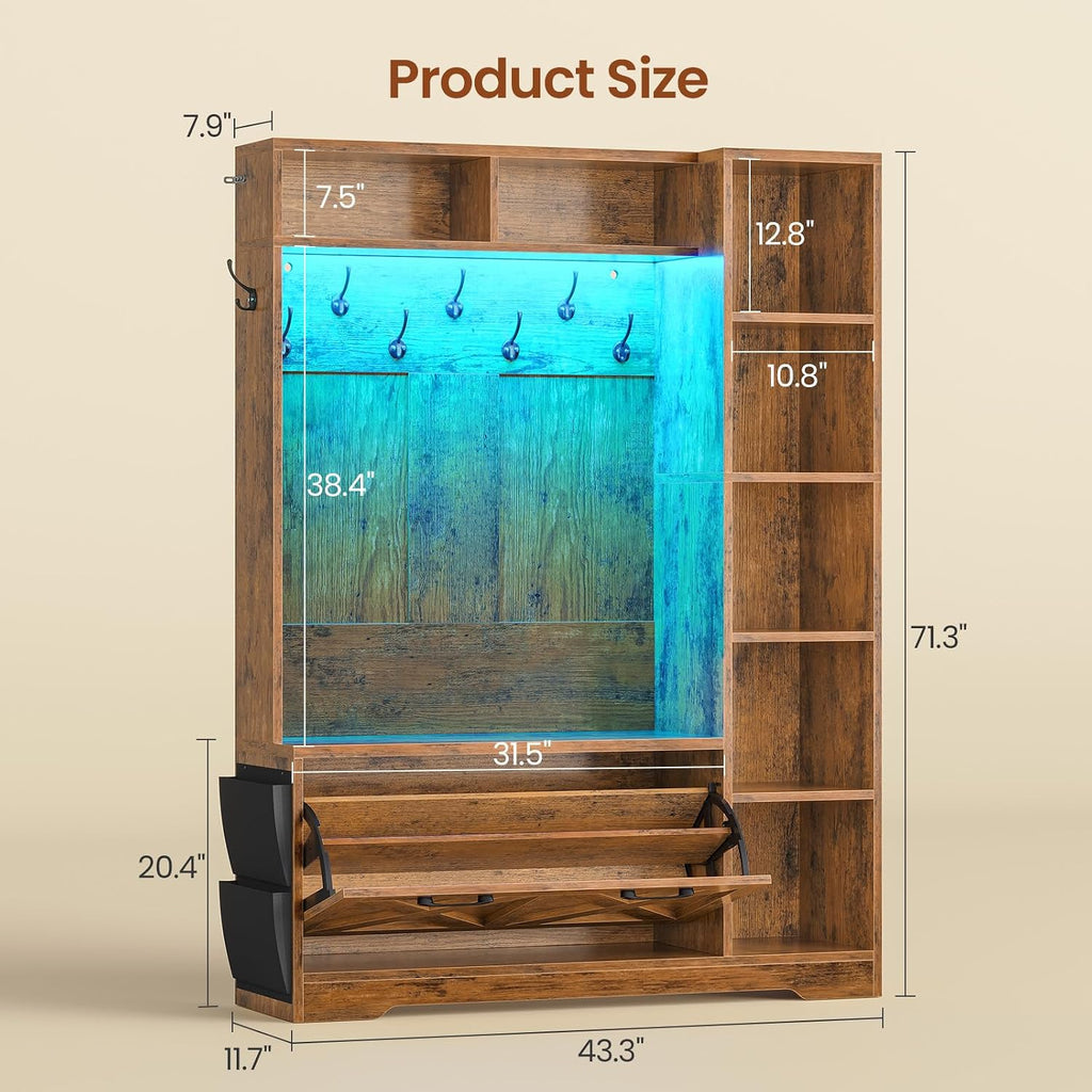 Hall Tree with Bench and Shoe Storage, Farmhouse Entryway Bench with Coat Rack, Shoe Cabinet with Flip Drawers, 7