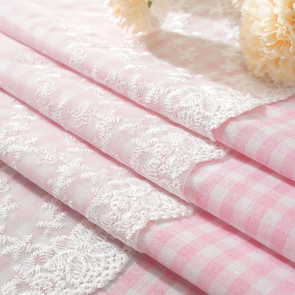 Pink and White Buffalo Check Plaid Window Valances Floral Lace Semi Sheer Kitchen Curtain Farmhouse Gingham Curtains