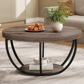 31.7" Round Wooden Coffee Table with Storage Pedestal