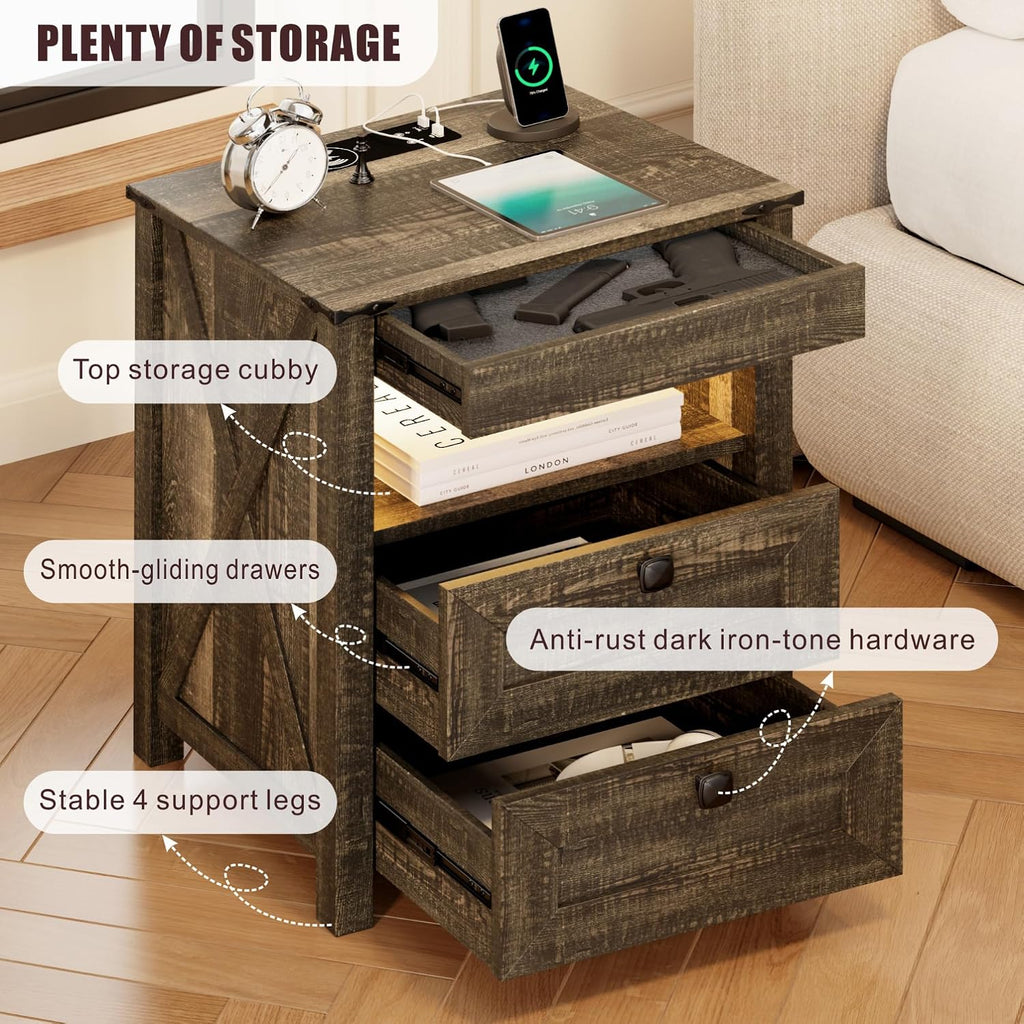 Nightstands Set of 2 with Gun Drawer, Farmhouse Bedside Table with Charging Station, Gun Night Stand with LED Light &
