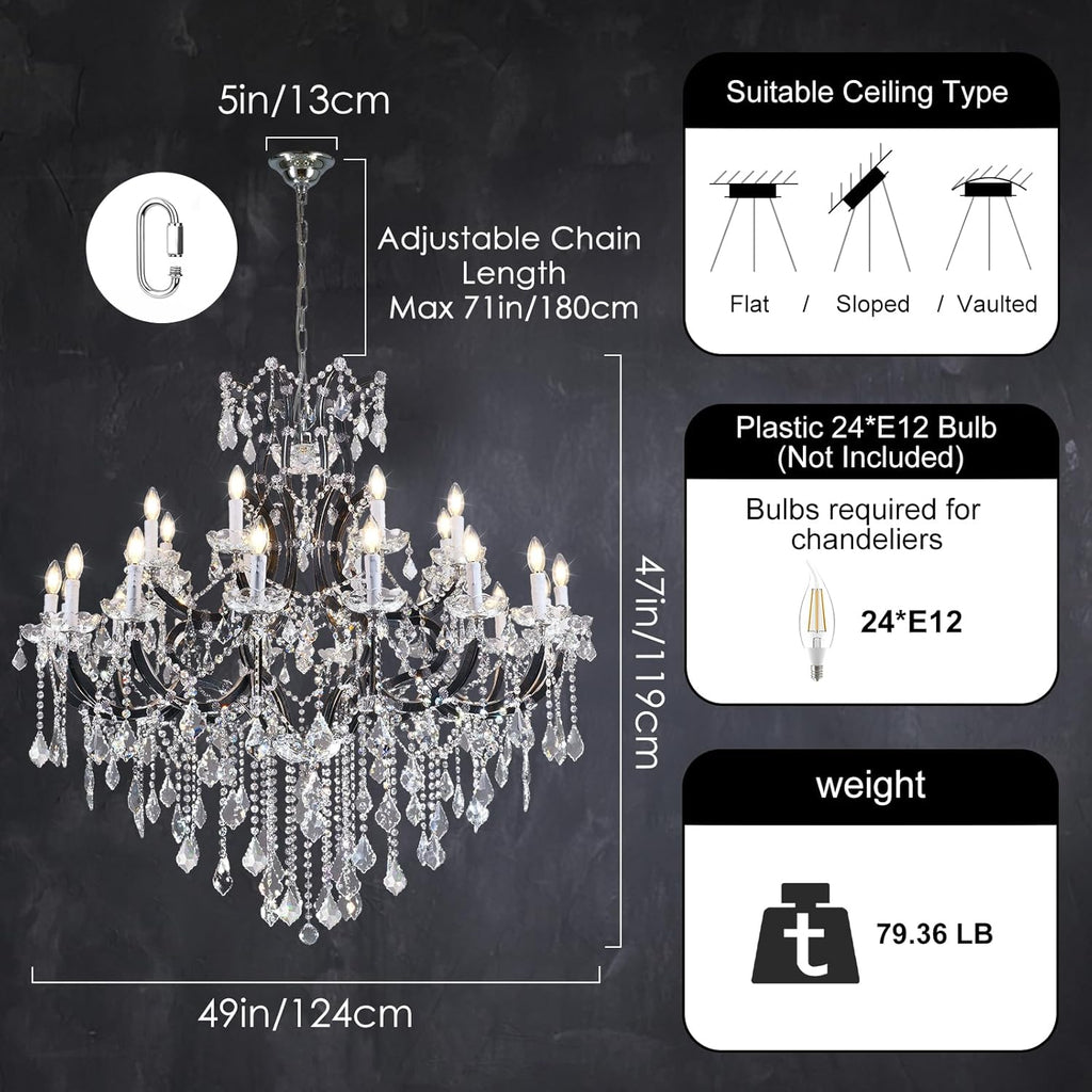 24-Light 50" Crystal Chandeliers Large Foyer Chandelier for High Ceilings, Black Staircase Chandeliers Big Entryway Maria Theresa Chandelier Living Room Light Fixture for Stairway, Entry