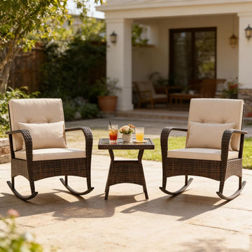 Outdoor Rocking Chairs Set of 2, 3 Piece PE Wicker Patio Bistro Set | Coffee Table & Thick Cushions, Rattan Patio