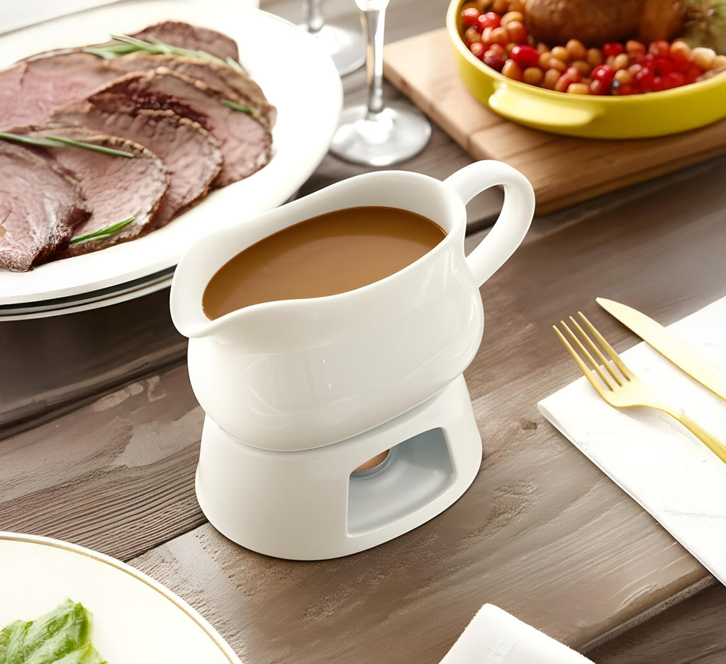 Ceramic Gravy Boat with Warmer, Spill-Free, 17 oz, White