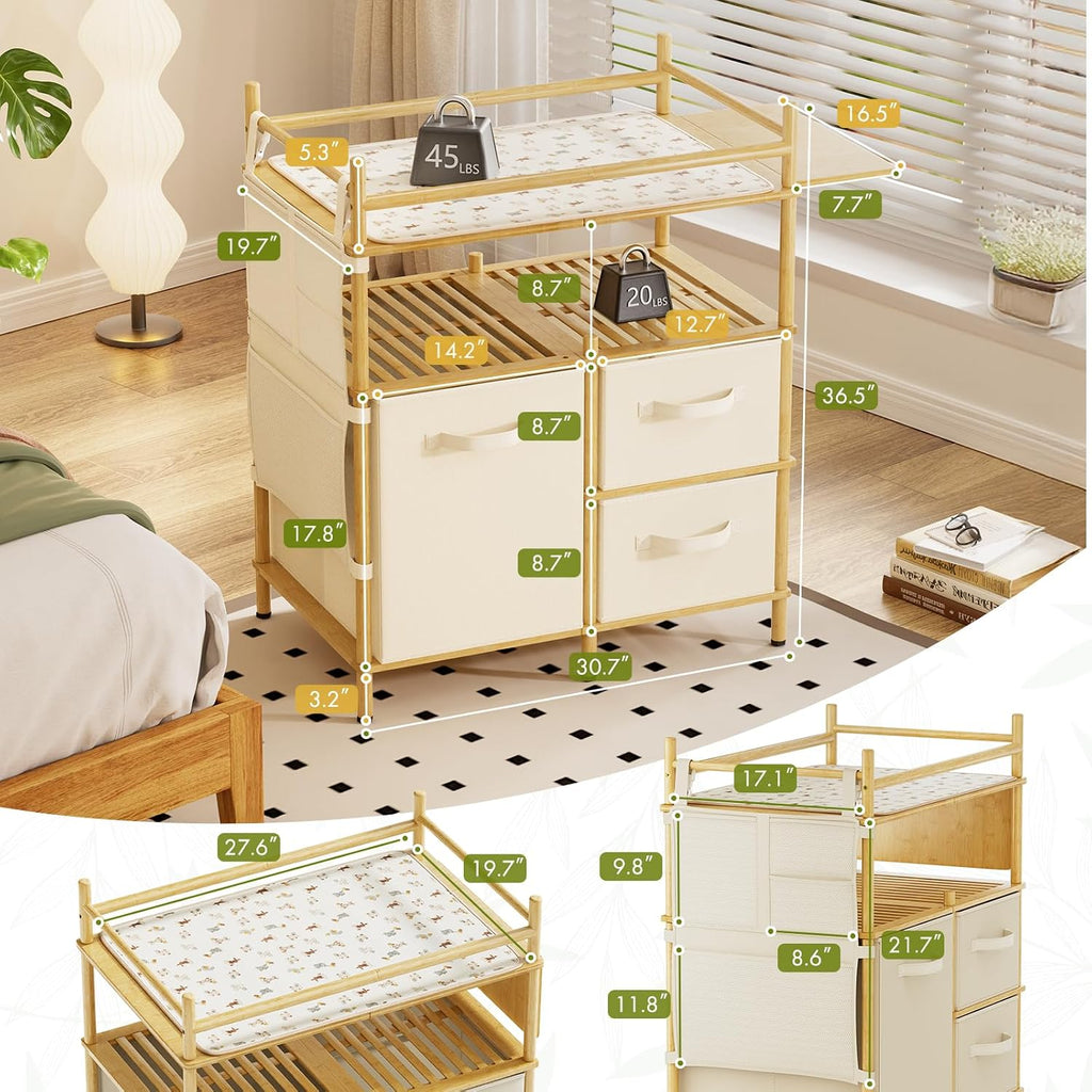 Baby Changing Table, Bamboo Baby Dresser Table with Flat Top, Diaper Changing Station with 3 Removable Storage