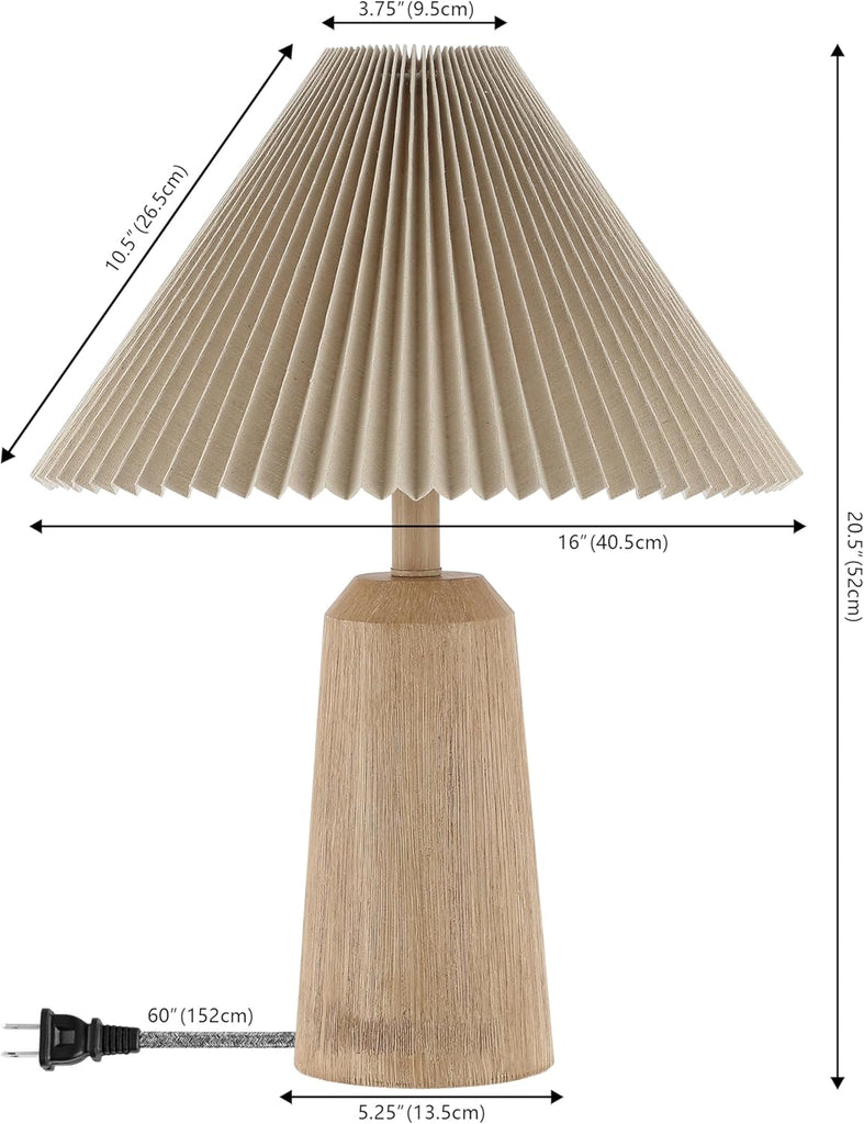 20.5" Beige Wood Finish Resin Cylinder Table Lamp Modern Rustic Scandinavian Bedside Lamp Bedroom with Black Pleated