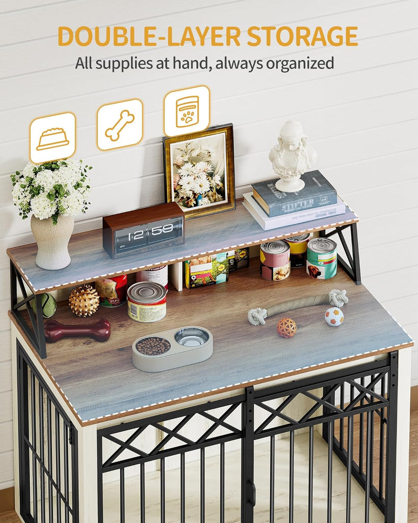39.4'' Dog Crate Furniture, Large Wooden Dog Crate with Storage and 3 Doors, Indoor Kennel for Medium/Large Dogs
